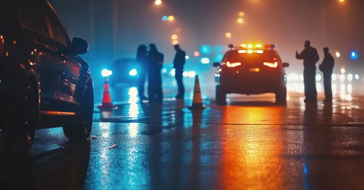 A nighttime DUI checkpoint with police cars, traffic cones, and silhouetted officers